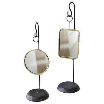 Antiqued Gold Metal Frame Mirror With Hanging Stand, 2-Piece Set