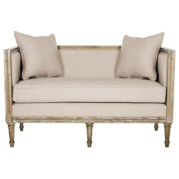 Andrea Linen French Country Settee Taupe/Rustic Oak