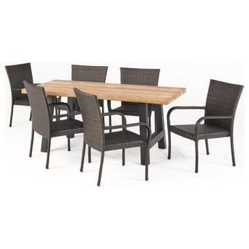GDF Studio 7-Piece Michaela Outdoor Stacking Gray Wicker and Concrete Dining Set, Natural Oak/Black/Multibrown