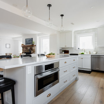 Beige shaker island with integrated microwave drawer and open plan, Chesterfield