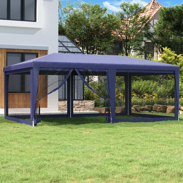 vidaXL Gazebo Outdoor Party Tent with 6 Mesh Sidewalls Blue 19.7'x13.1'HDPE