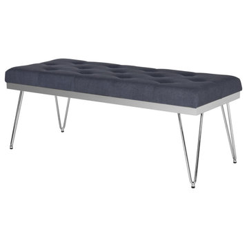 Modern Accent Bench, Hairpin Legs With Diamond Button Tufted Seat, Navy/Chrome