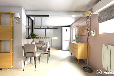 Réalisation d'une salle de séjour minimaliste avec un mur rose et un sol beige.