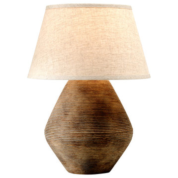 Calabria 1-Light Table Lamp in Rustco with Off-White Hardback Linen Fabric Shade