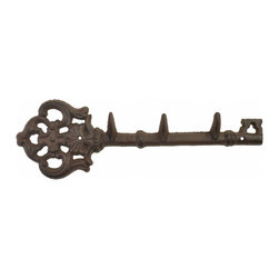 Import Wholesales - Cast Iron Wall Hook Rack, Antique Skeleton Key Style, 3 Hooks, 11.625" Long - Decorative Objects And Figurines