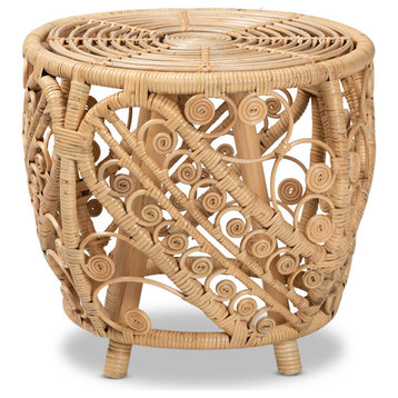 Bohemian Side Table, Rattan Construction With Scrolled Details, Natural Brown