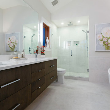 Ensuite Bathroom with floating vanity and freestanding tub