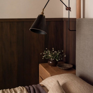 Antique Elm Custom Stained Paneling in Interlachen Modern Lakehouse Bedroom