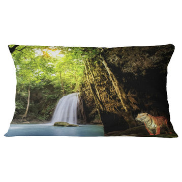 Tiger Watching Waterfall Landscape Photography Throw Pillow, 12"x20"