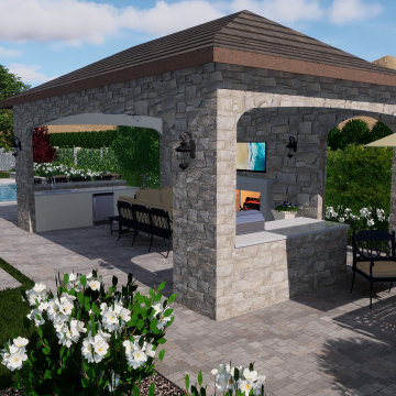 Modern Mediterranean Pool, Courtyard, Cabana, Fireplace - Toll Brothers
