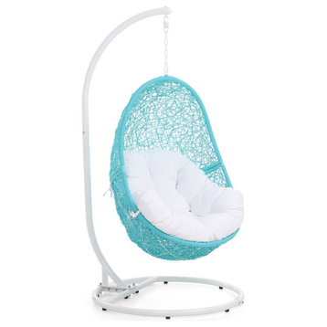 Modern Outdoor Reef Swing Chair with Stand - Teal Basket with White Cushion