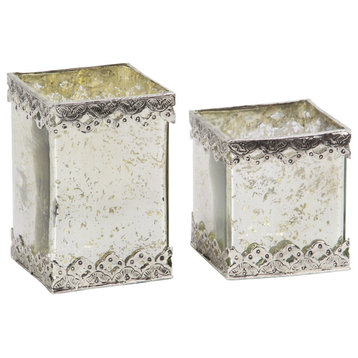 Set of 2 White Glass Glam Candle Holder, 6", 8"