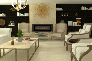 This is an example of a large transitional family room in Paris with beige walls, carpet, a hanging fireplace, a tile fireplace surround, no tv and beige floor.