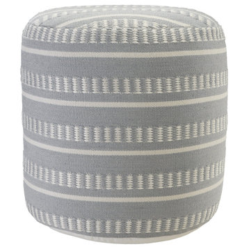 Dash and Stripe Geometric Indoor Outdoor Pouf, Powder Blue/White
