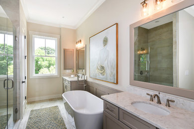 Freestanding bathtub - large contemporary master freestanding bathtub idea in Atlanta with gray cabinets