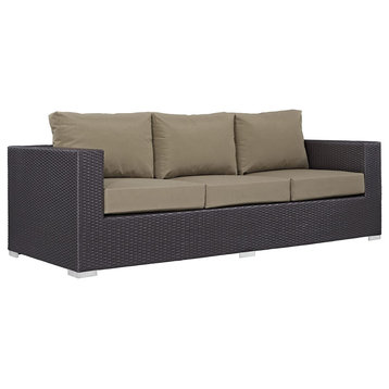 Contemporary Outdoor Sofa, Wicker Covered Aluminum Frame and Mocha Cushions
