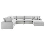 Lexmod - Commix Down Filled Overstuffed Performance Velvet 7-Piece Sectional, Light Gray - A haven for cozy relaxation, Commix features plush comfort, clean-lined design, and spacious profile, that makes an attractive statement in the modern home. Covered in stain-resistant performance velvet, this upholstered sectional sofa comes with a solid wood construction and foam padded and duck down cushions for a luxurious sink-in feel. Commix features overstuffed down feather cushions that offer a feeling of relaxation and calming comfort while lounging, making it the perfect addition to the living room, family room, or game room. Made for sprawling out or curling up, Commix beckons you and guests to sit and stay a while. Includes plastic foot glides. Weight Capacity Each Chair: 331 lbs.