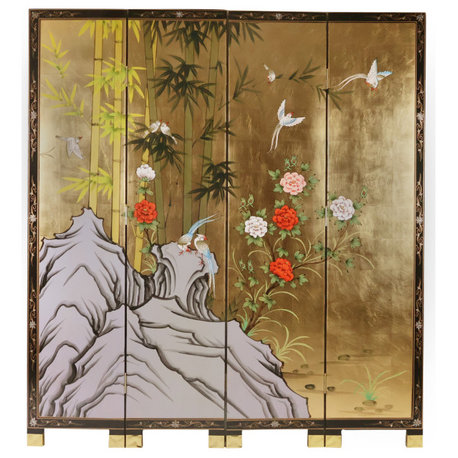 Oriental Room Divider Hand Painted Bamboo, Gold Leaf, 72"