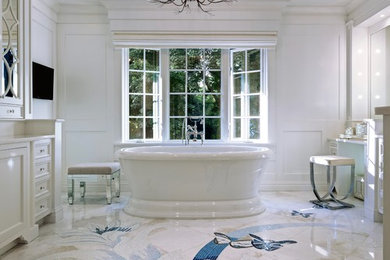 Bathroom - large transitional master white tile and marble tile marble floor and multicolored floor bathroom idea in New York with white cabinets, a one-piece toilet, white walls, an undermount sink, marble countertops and a hinged shower door