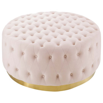 Tufted Accent Chair Ottoman, Round, Velvet, Pink, Modern, Lounge Hospitality