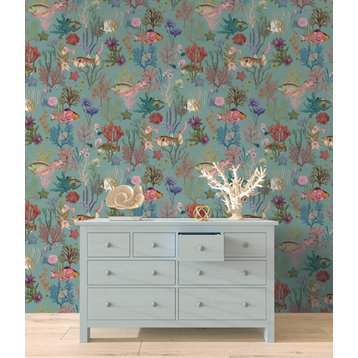 Ocean with Fishes and Corals Printed Wallpaper 57 Sq. Ft., Soft Aqua, Double Roll