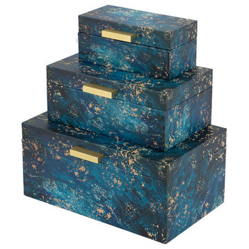 Set of 3 Decorative Rectangular Storage Boxes, Gold Handles, Blue Design