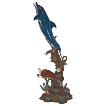 Dolphin and Three Turtles Fountain Bronze Statue - Size: 37"L x 30"W x 80"H.