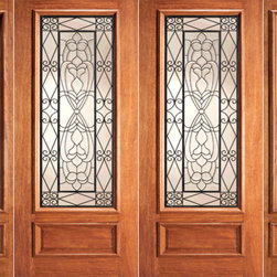 Ironwork Glass, Scrollwork, Mahogany Prehung Double Door Two Sidelites - Front Doors