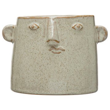 Stoneware Planter with Abstract Face, White