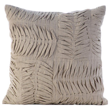 Ruched Pintucks 16"x16" Cotton Linen Ecru Decorative Pillow Cover, Tender Waves