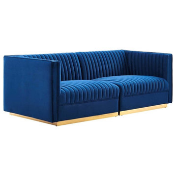 Modway Sanguine Velvet Modular Sectional Sofa Loveseat in Navy