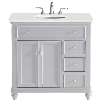 36" Single Bathroom Vanity, Light Grey With Ivory White Engineered Marble