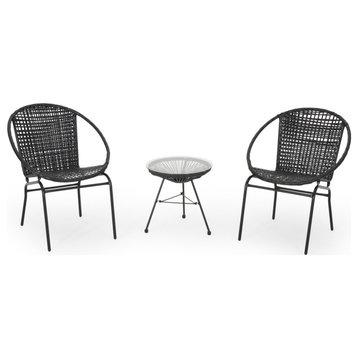 Jack Outdoor Modern 2-Seater Faux Rattan Chat Set, Black