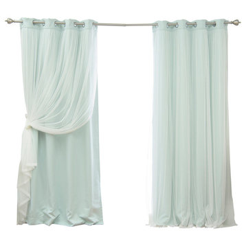 Grommet Blackout Curtains With Tulle Overlay, Mint, 108"