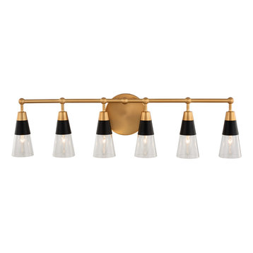 6 Light Midcentury Vanity by Kalco, Matte Black With New Brass, 8"