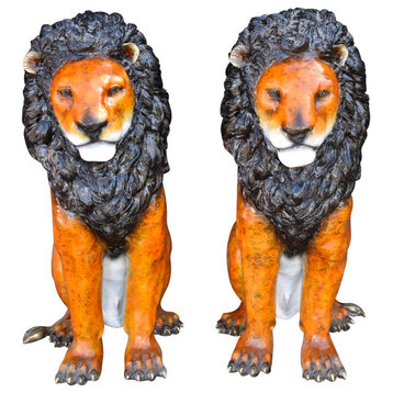 Pair Of Colored Standing Lions Made of Bronze Statue Size: 29" x 44" x 41"H