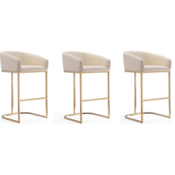 Manhattan Comfort Louvre 30" Faux Leather Barstool in Cream/Gold (Set of 3)