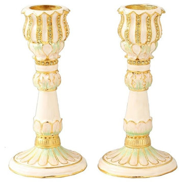 Shabbat Candlestick (2-Piece Set) Hand-Painted  Gold-Plated Pewter