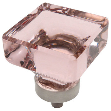 Cosmas 6377SN Satin Nickel and Glass Square Cabinet Knob, Pink Glass