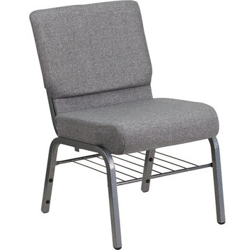21''W Church Chair in Gray Fabric With Book Rack, Silver Vein Frame
