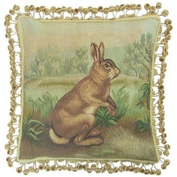 Aubusson Throw Pillow Standing Rabbit 20"x20"  Green/Brown Hand-Woven