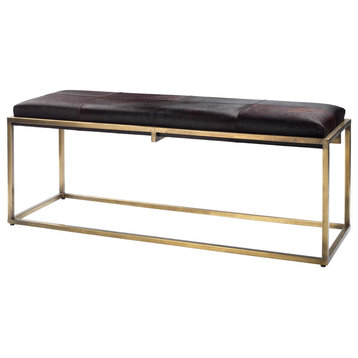 Shelby Bench, Brown Hide and Antique Brass Metal