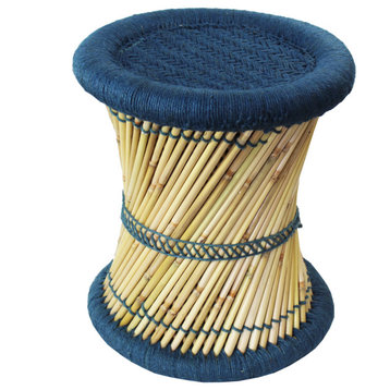 Natural Geo Moray Decorative Handwoven Jute Accent Stool, Blue