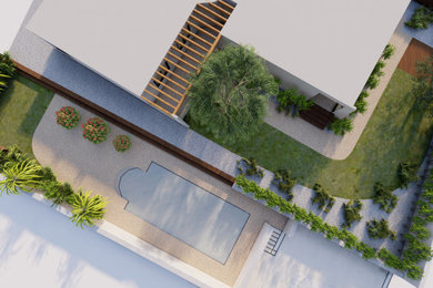 Diseño de acceso privado mediterráneo de tamaño medio en patio con exposición parcial al sol y gravilla
