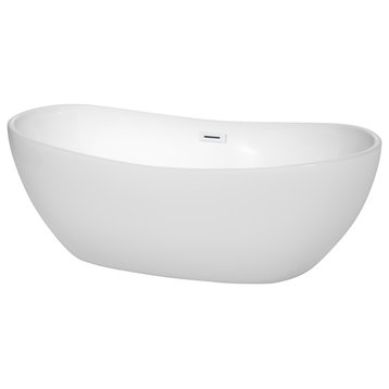 Rebecca 65" Freestanding White Bathtub, Shiny White Drain and Overflow Trim
