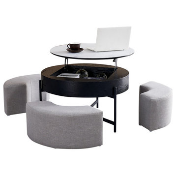 Round Lift-Top Coffee Table With Storage WhiteandBlack Without Stools