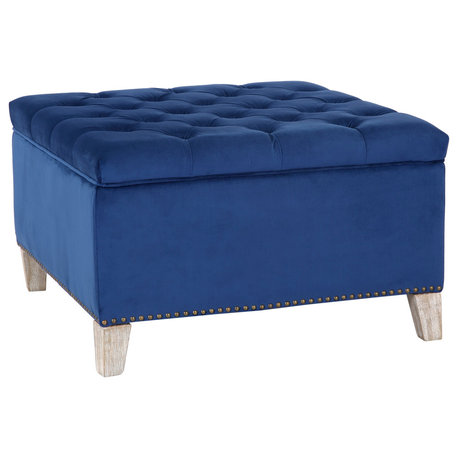 Wordford Square Velvet Tufted Storage Ottoman, Velvet Royal Blue