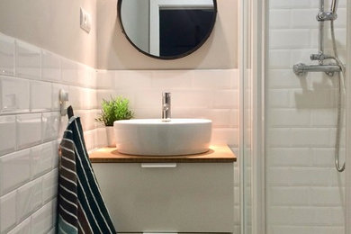 Design ideas for a small contemporary master wet room bathroom in Madrid with white tile, subway tile and a vessel sink.