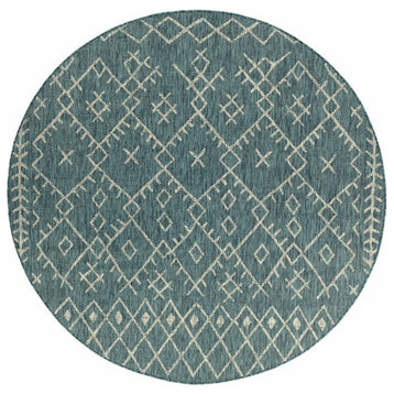 Indoor Outdoor Area Rug With Tribal Geometric Pattern, Blue-Gray/7'10" Round