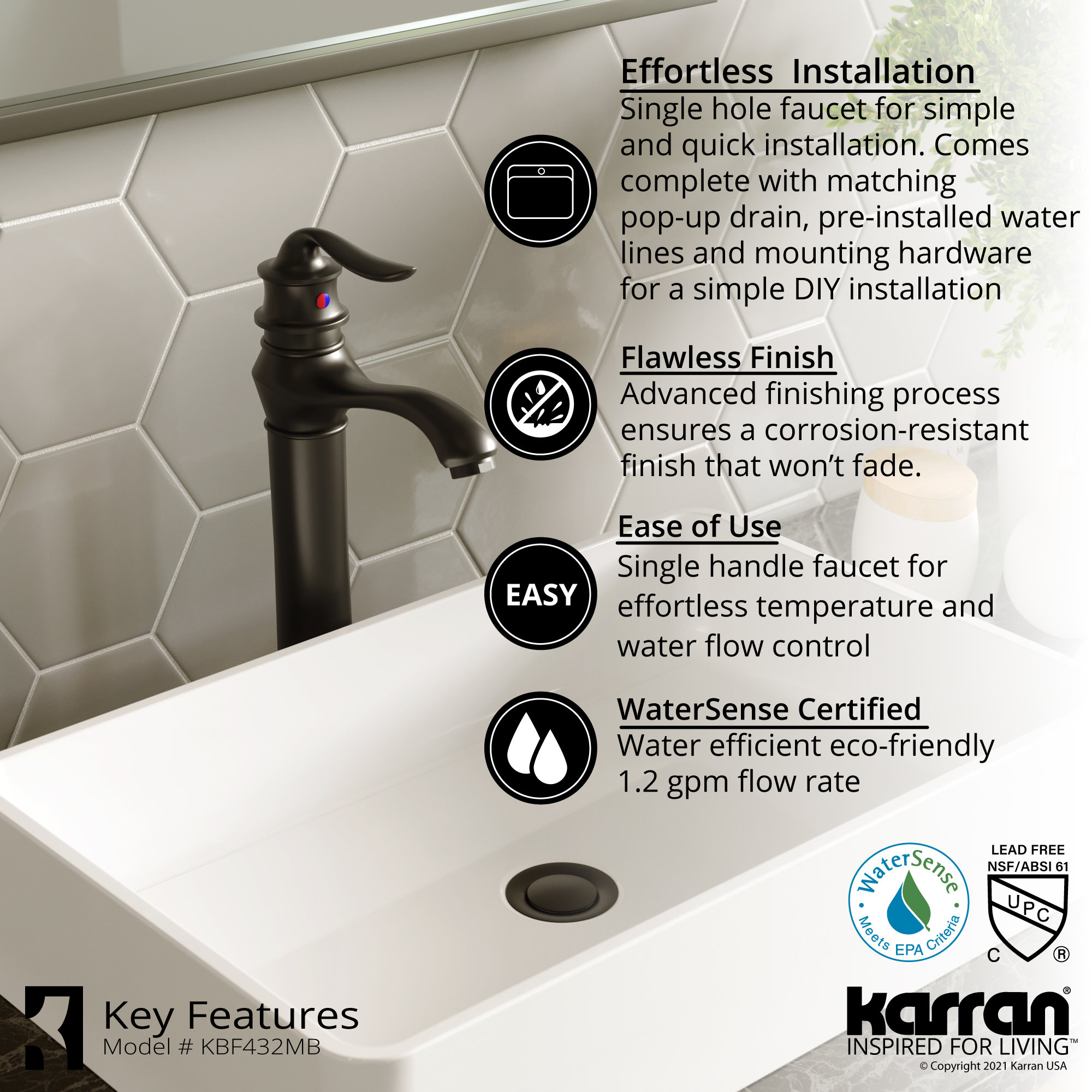 Karran KBF432 1-Hole 1-Handle Vessel Faucet With Pop-up Drain, Matte Black